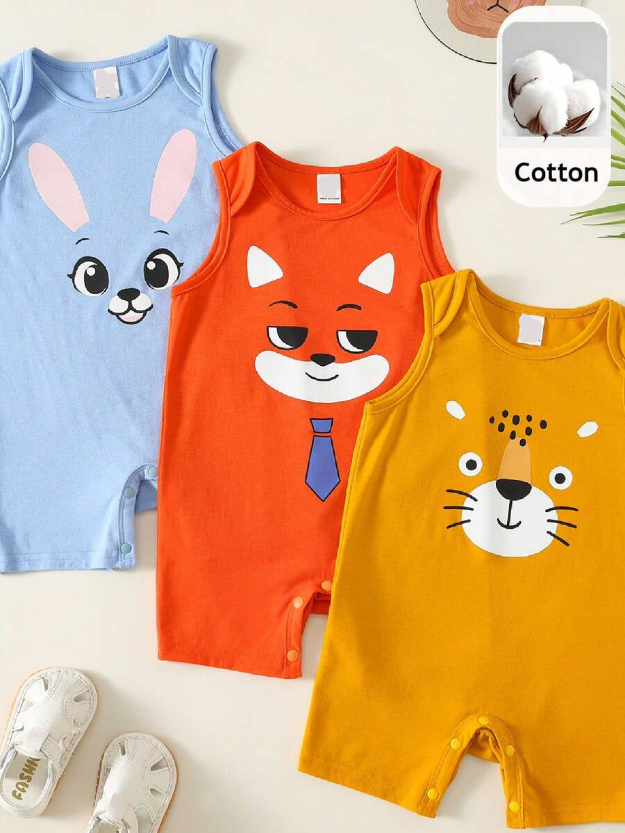 Unisex Newborn Baby Cartoon and Stripe Print Romper 3 Piece Summer Outfit Set