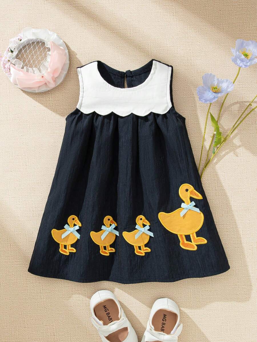 Sleeveless Long Dress with Embroidered Cartoon Duck for Toddler Girls