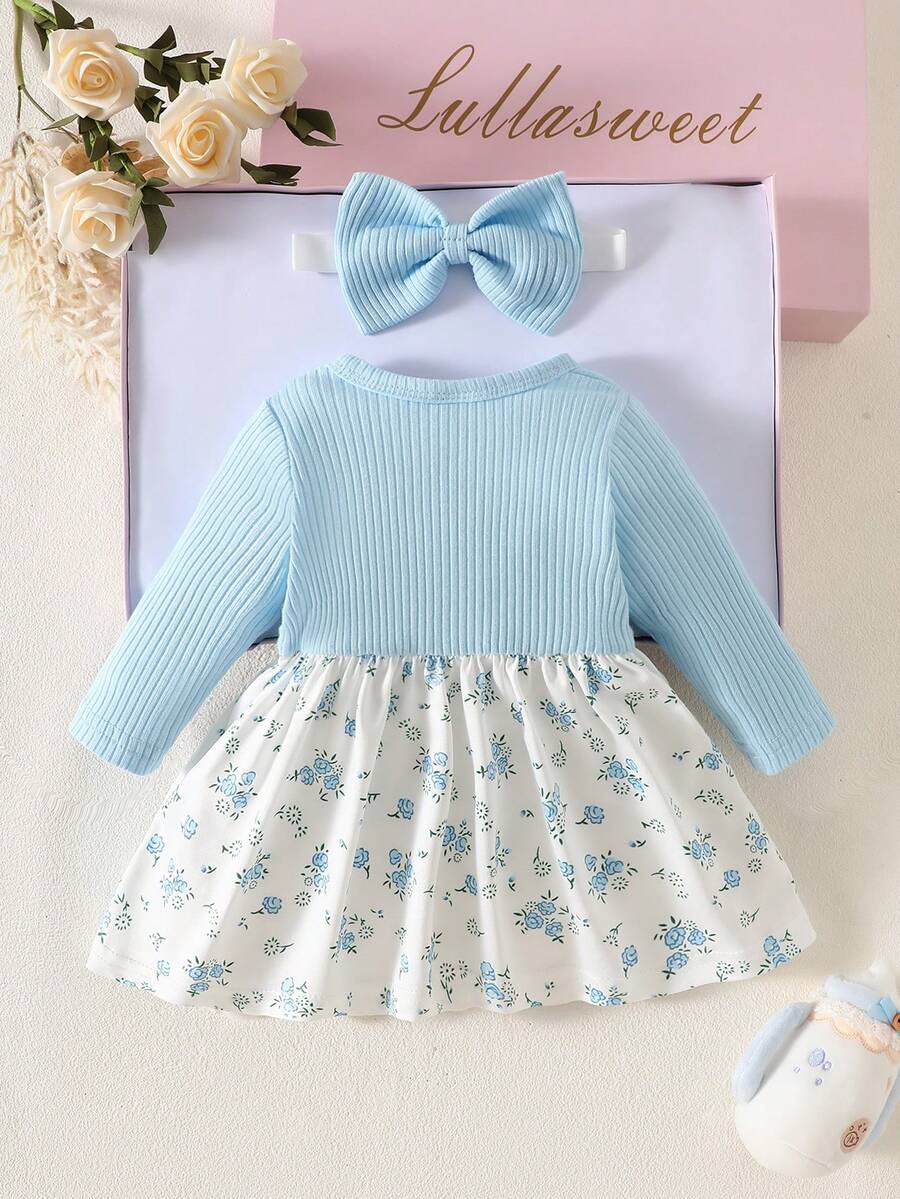 Baby Girl Floral Patchwork Dress & Headband Set - Sweet Pink Autumn Outfit