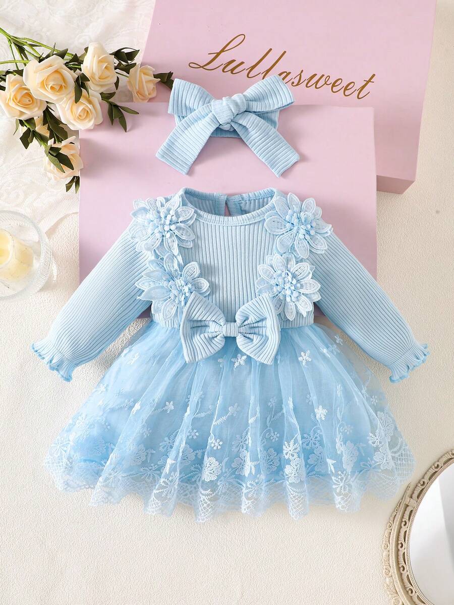 Baby Embroidered Mesh Dress and Headband Set for Elegant Outdoor Photoshoots and Special Occasions
