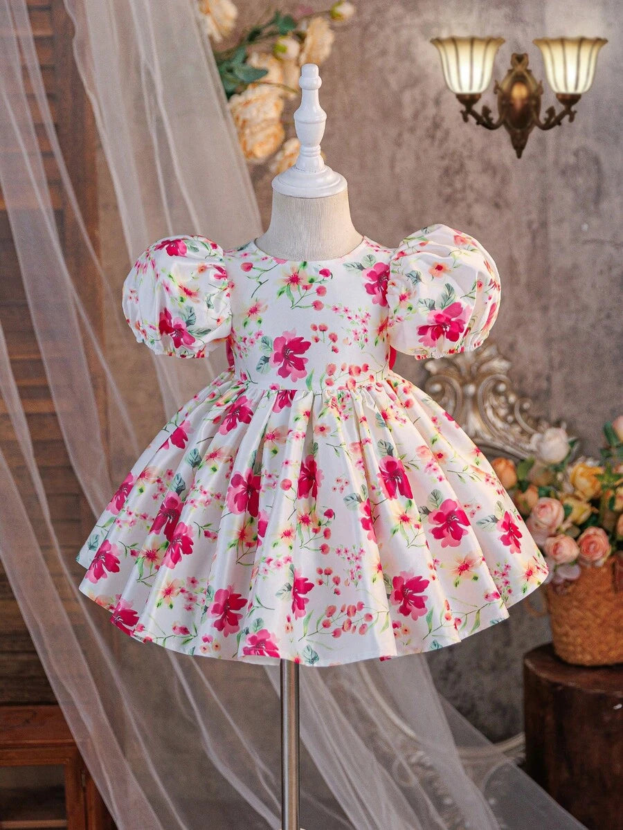 Pink Floral Mesh Embroidered Short Sleeve Dress for Baby Girls