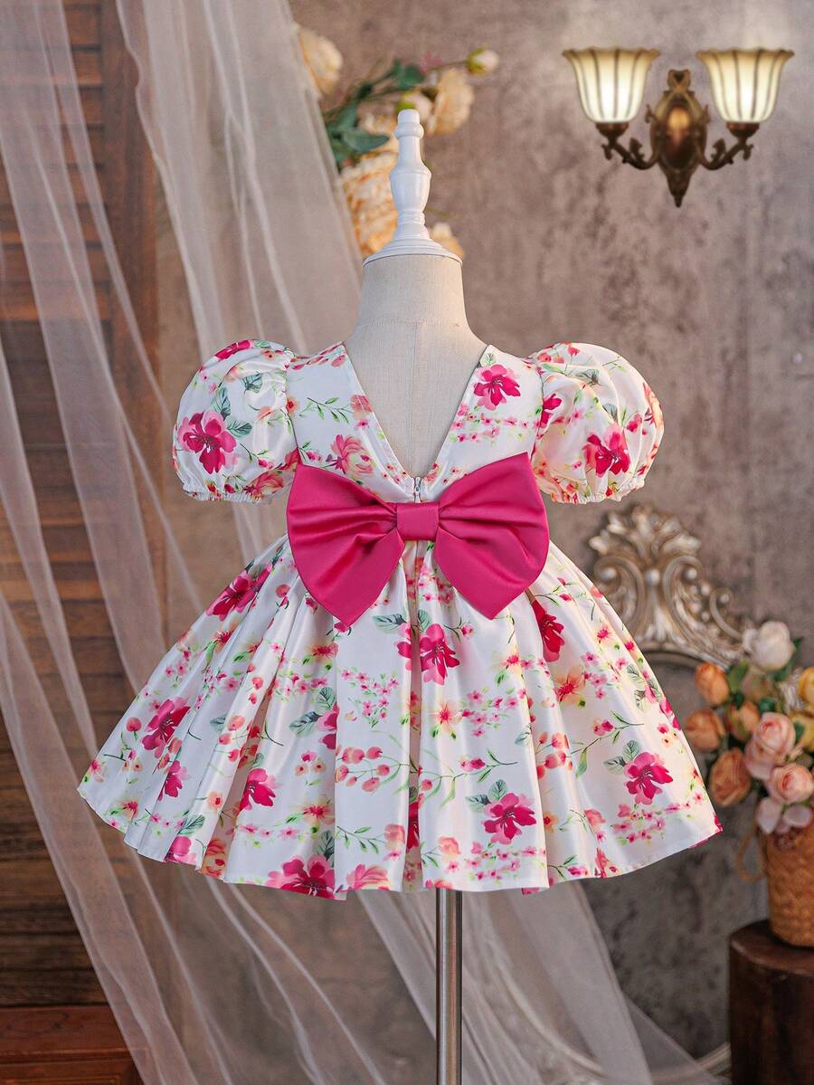 Pink Floral Mesh Embroidered Short Sleeve Dress for Baby Girls