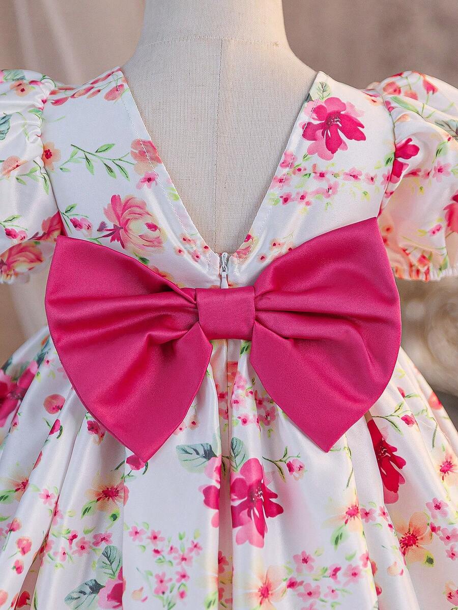 Pink Floral Mesh Embroidered Short Sleeve Dress for Baby Girls