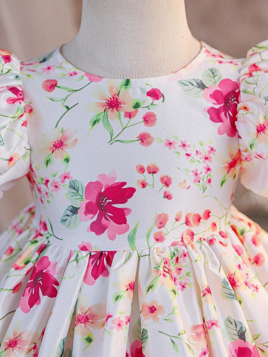 Pink Floral Mesh Embroidered Short Sleeve Dress for Baby Girls