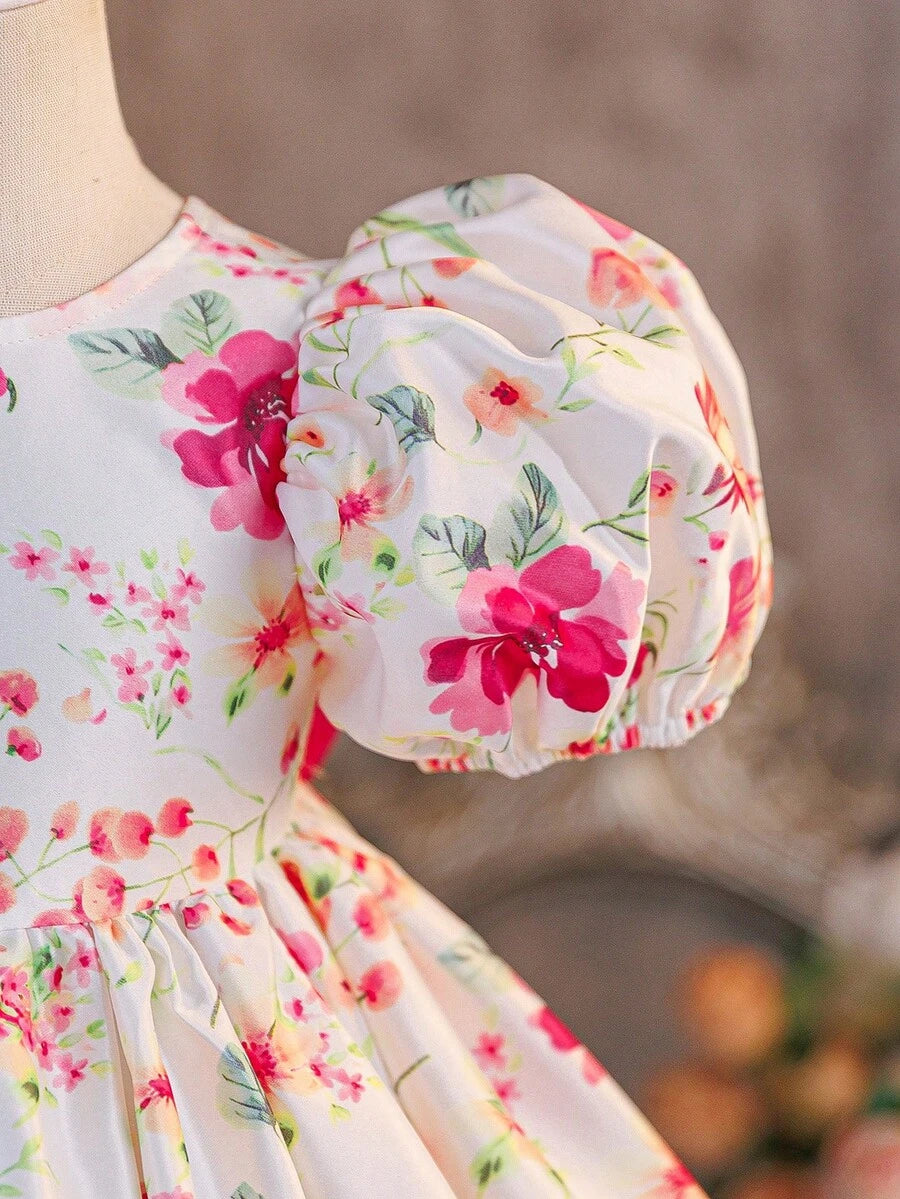 Pink Floral Mesh Embroidered Short Sleeve Dress for Baby Girls