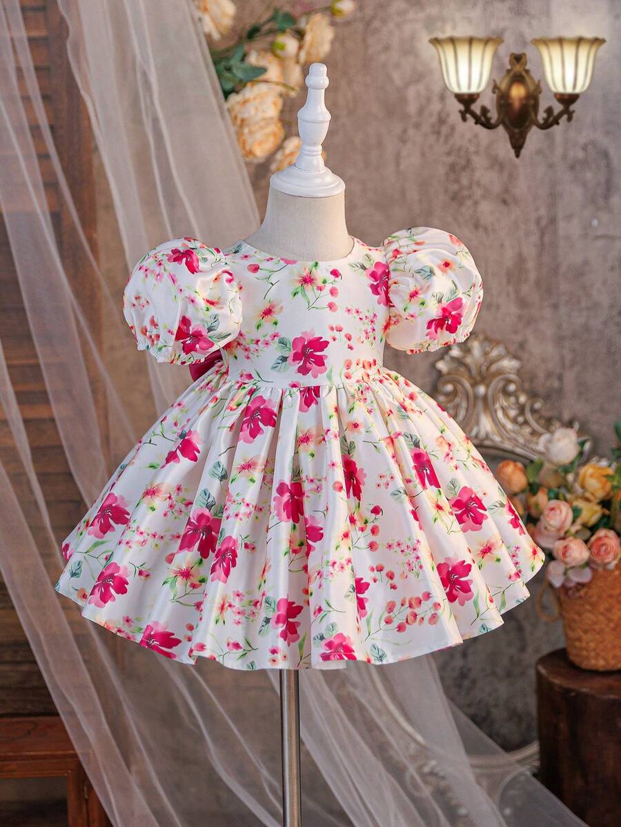 Pink Floral Mesh Embroidered Short Sleeve Dress for Baby Girls