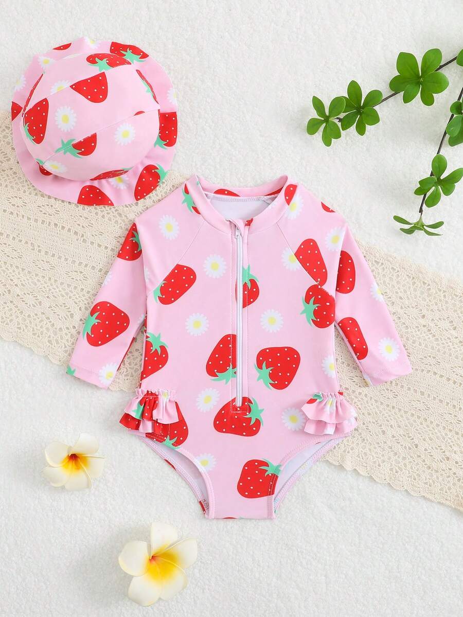 Baby Bow Print Long Sleeve One-Piece Swimsuit Set with Matching Swim Cap