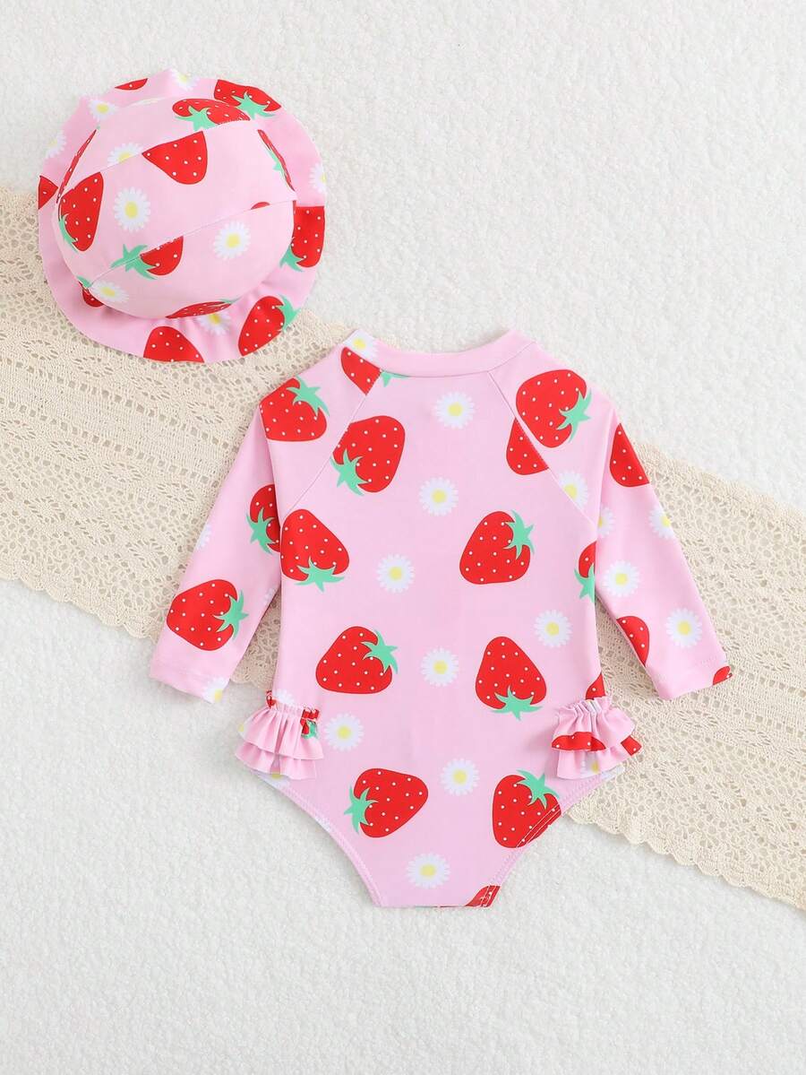 Baby Bow Print Long Sleeve One-Piece Swimsuit Set with Matching Swim Cap