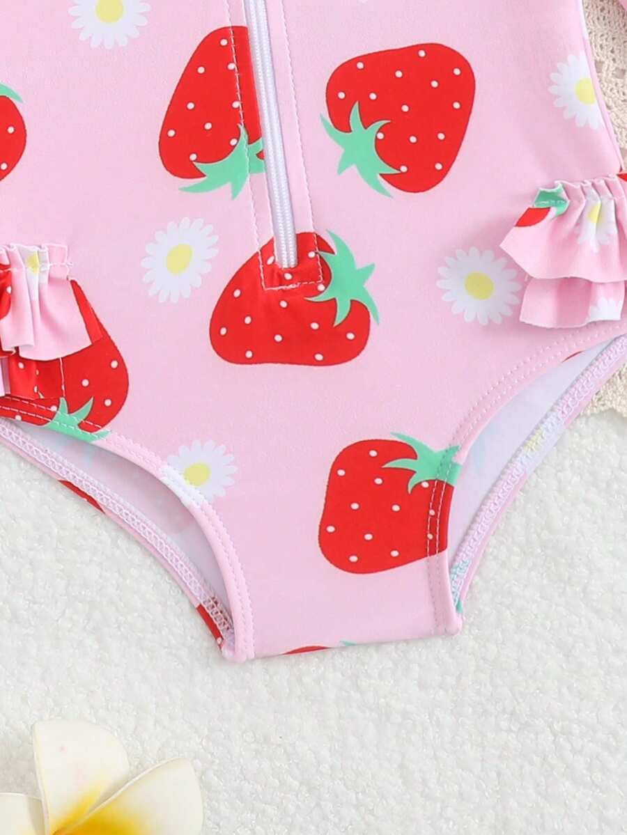 Baby Bow Print Long Sleeve One-Piece Swimsuit Set with Matching Swim Cap