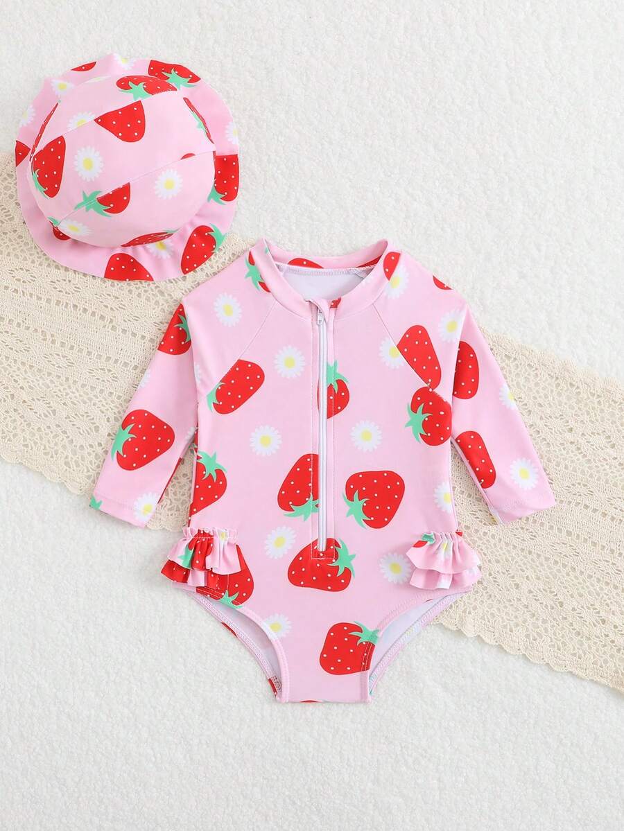 Baby Bow Print Long Sleeve One-Piece Swimsuit Set with Matching Swim Cap