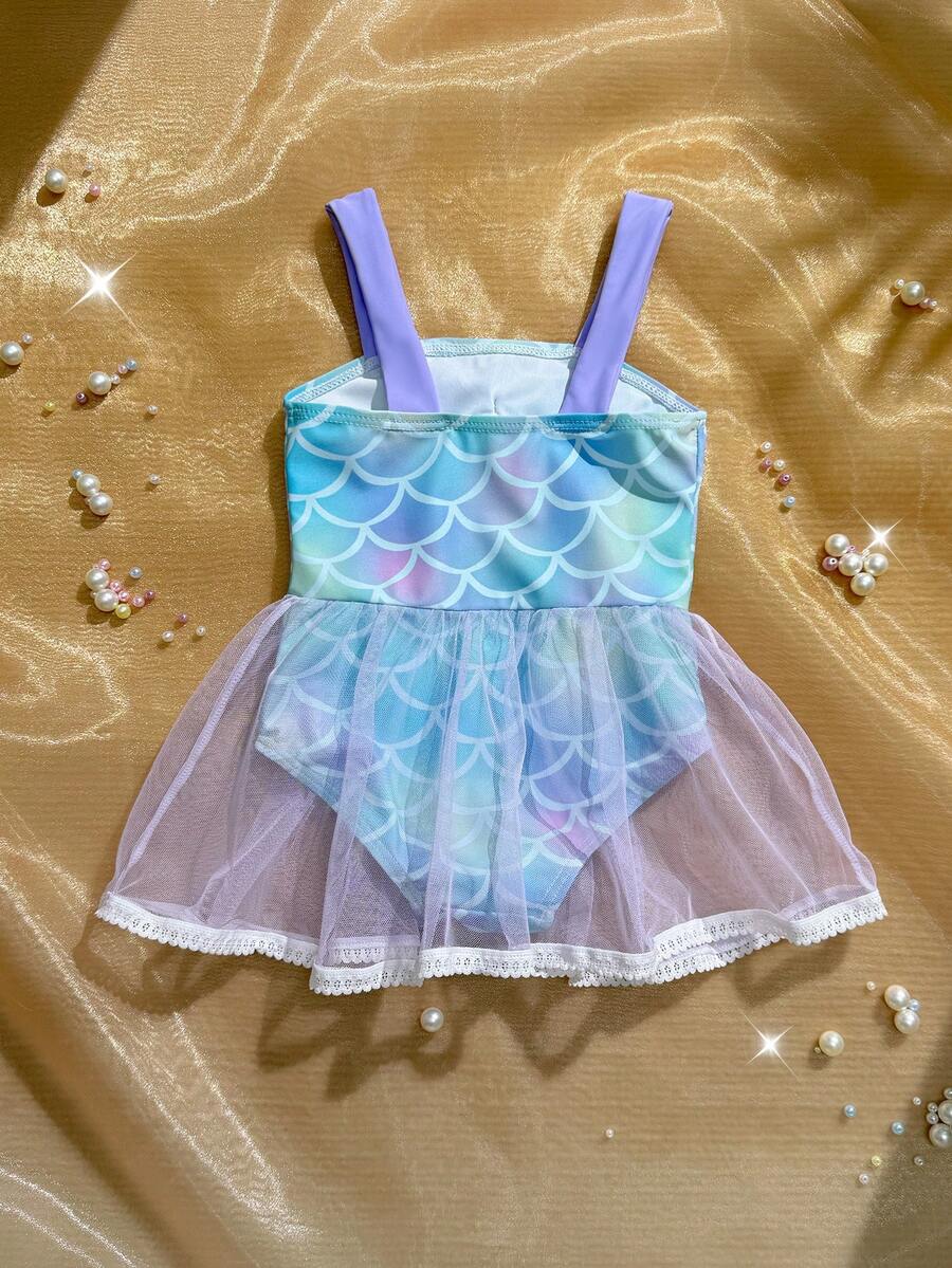 Baby Girls Mermaid Fish Scale One Piece Swimsuit Cute Ocean Princess Beachwear