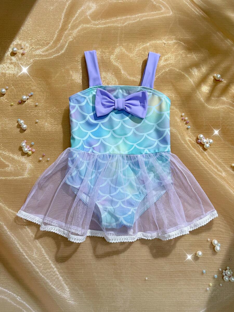 Baby Girls Mermaid Fish Scale One Piece Swimsuit Cute Ocean Princess Beachwear