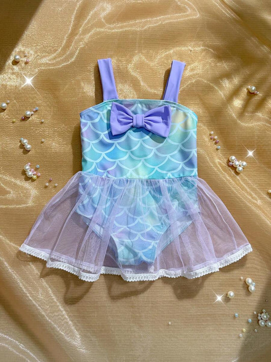 Baby Girls Mermaid Fish Scale One Piece Swimsuit Cute Ocean Princess Beachwear