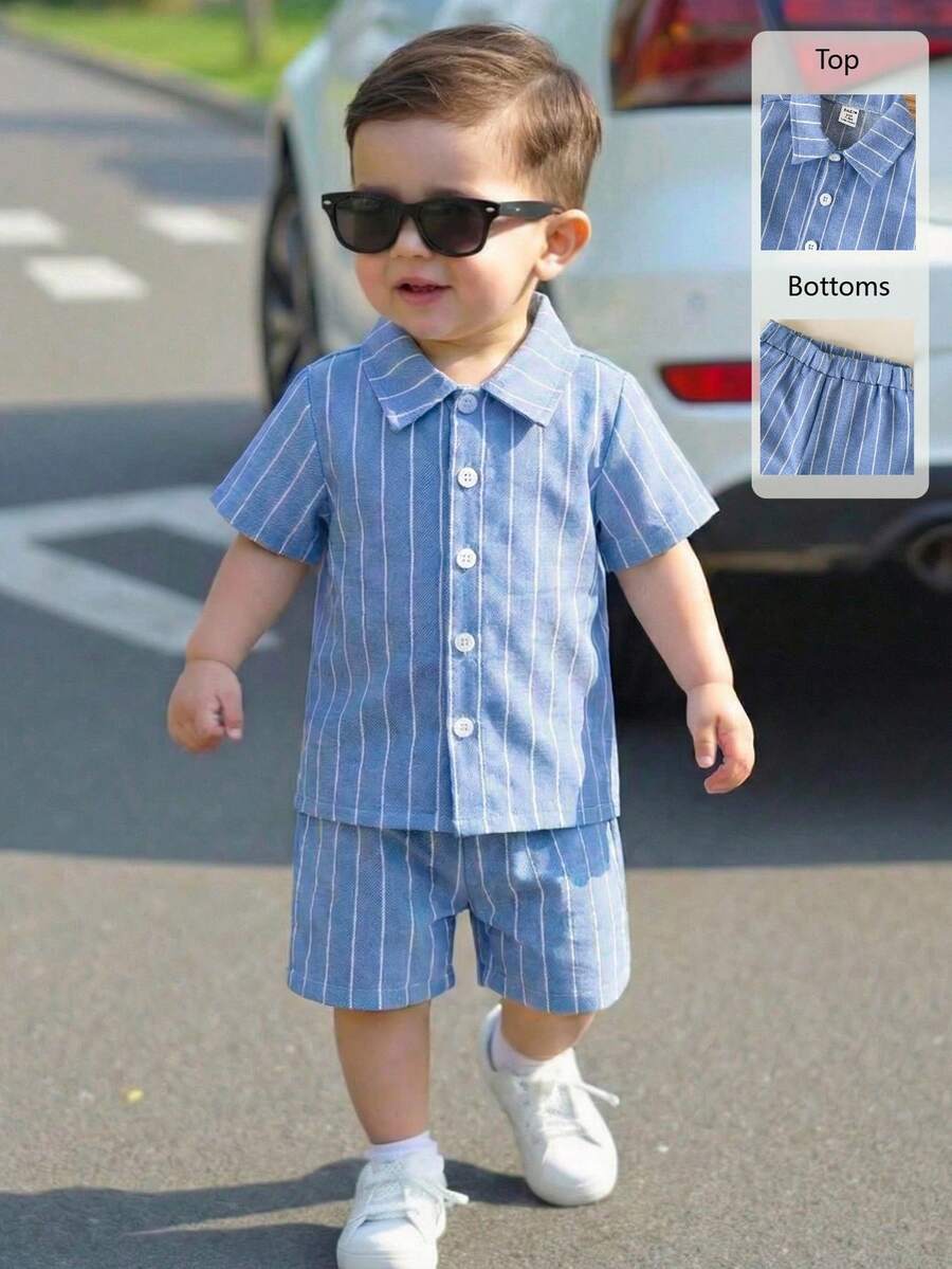 2pcs/Set Baby Boy Casual Striped Polo Collar Top & Shorts Summer Clothes