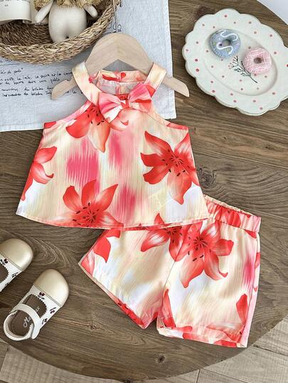 Cute Two Piece Floral Summer Clothing Set For Little Girls Elegant Style