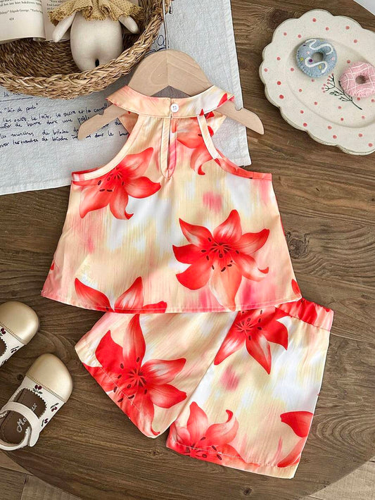 Cute Two Piece Floral Summer Clothing Set For Little Girls Elegant Style