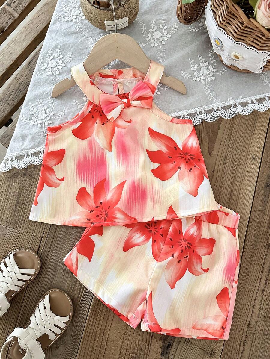 Cute Two Piece Floral Summer Clothing Set For Little Girls Elegant Style