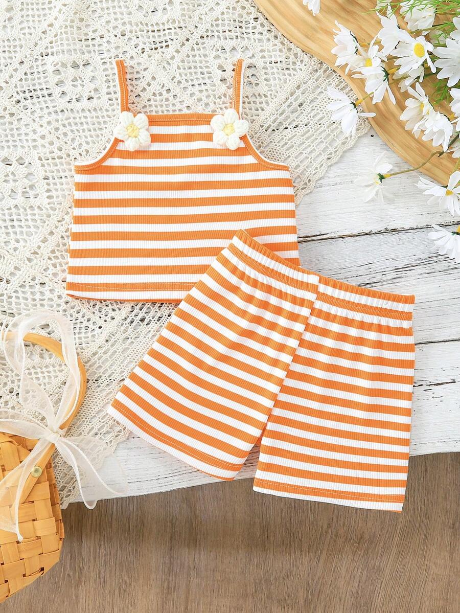 Striped Knit Camisole And Shorts Set For Baby Girls Summer Vacation Wear