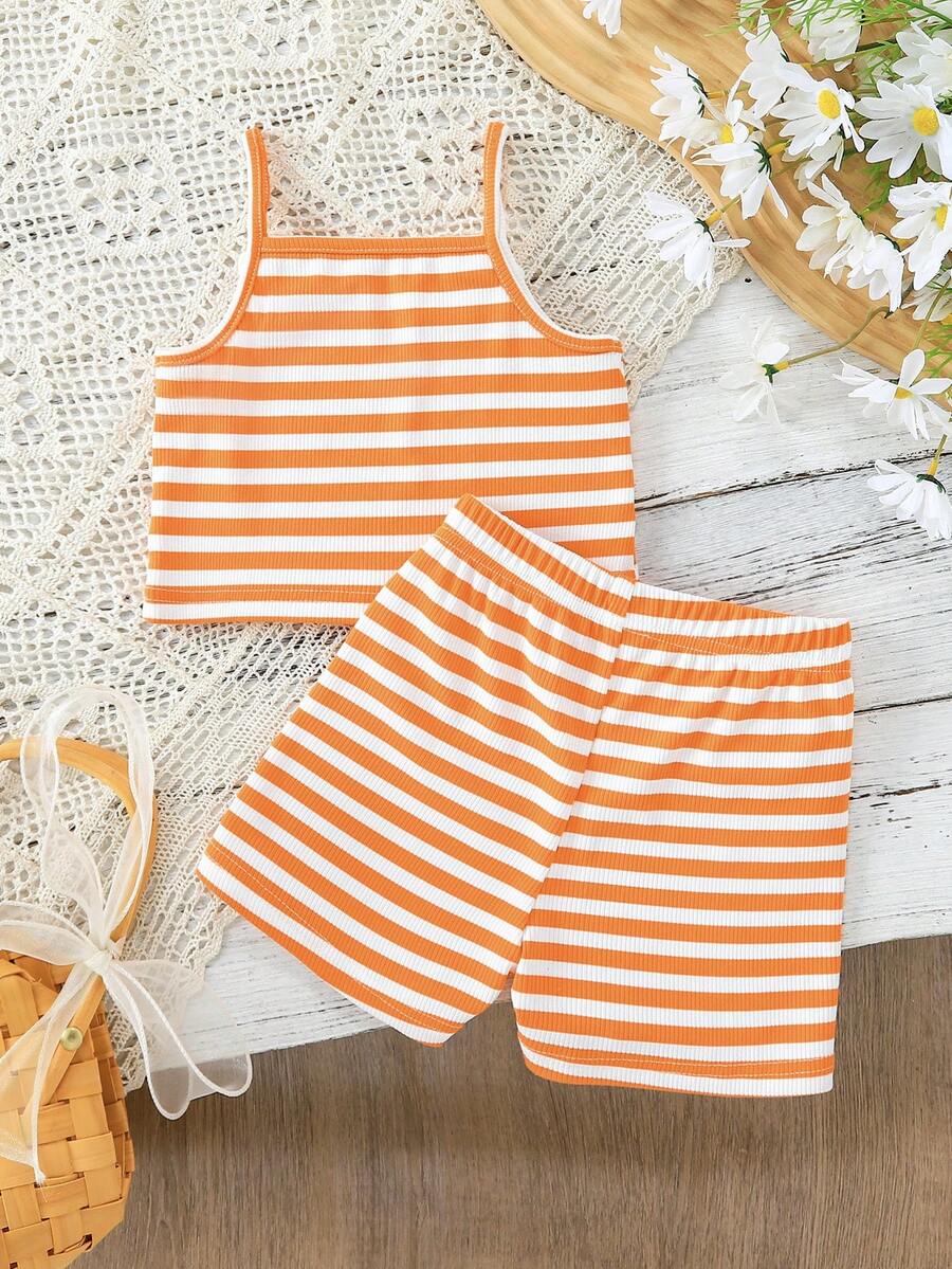 Striped Knit Camisole And Shorts Set For Baby Girls Summer Vacation Wear