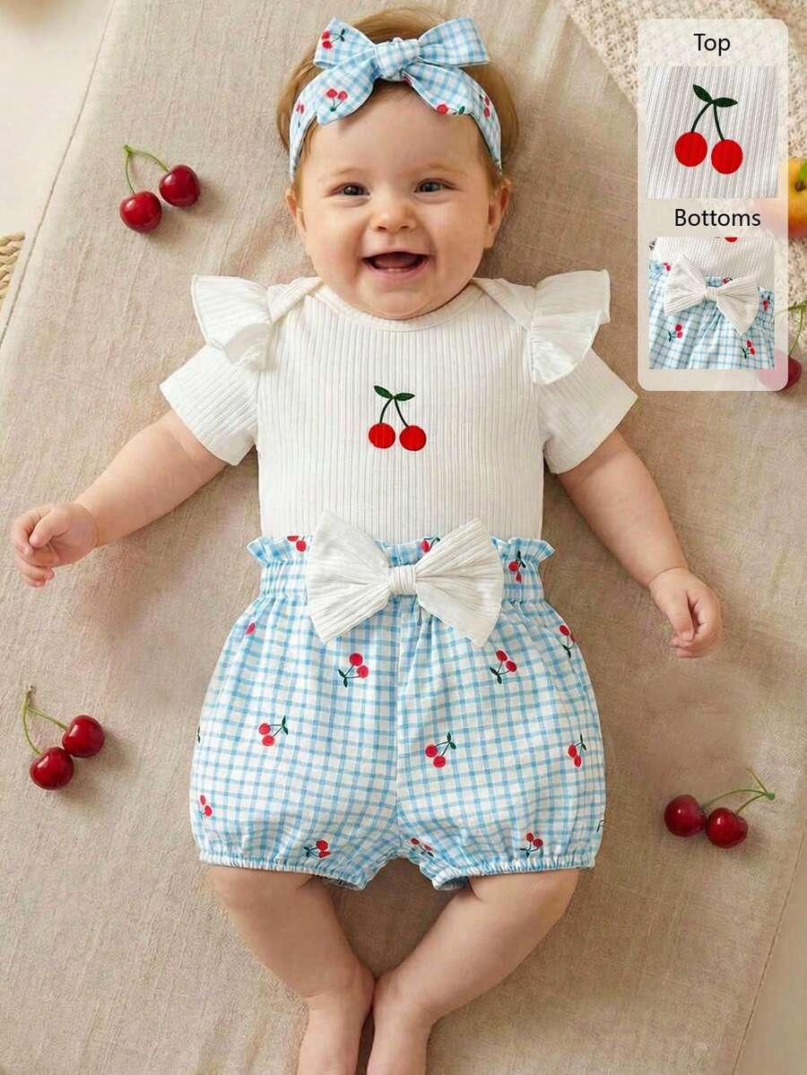 Cute Kids 3-Piece Casual Outfit Set For Toddlers – Embroidery Bodysuit, Soft Pants & Matching Bow Headband