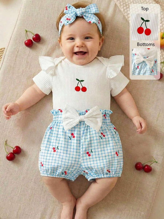 Cute Kids 3-Piece Casual Outfit Set For Toddlers – Embroidery Bodysuit, Soft Pants & Matching Bow Headband