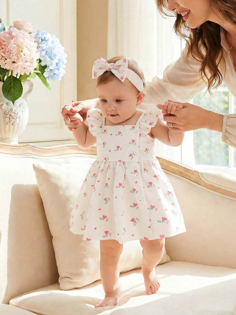 2PCS Baby Watercolor Floral Dress and Hairband Set for Cute Summer Outings