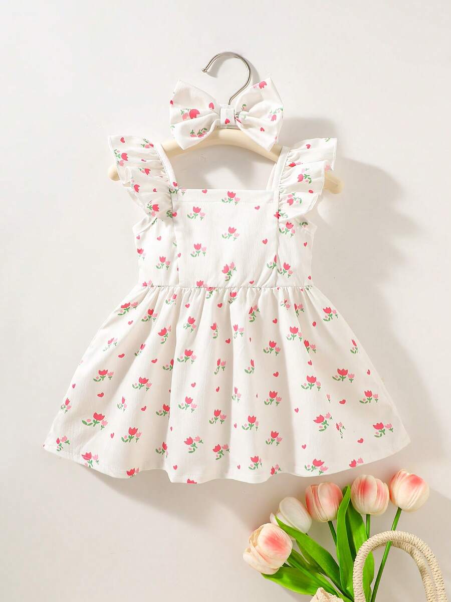 2PCS Baby Watercolor Floral Dress and Hairband Set for Cute Summer Outings