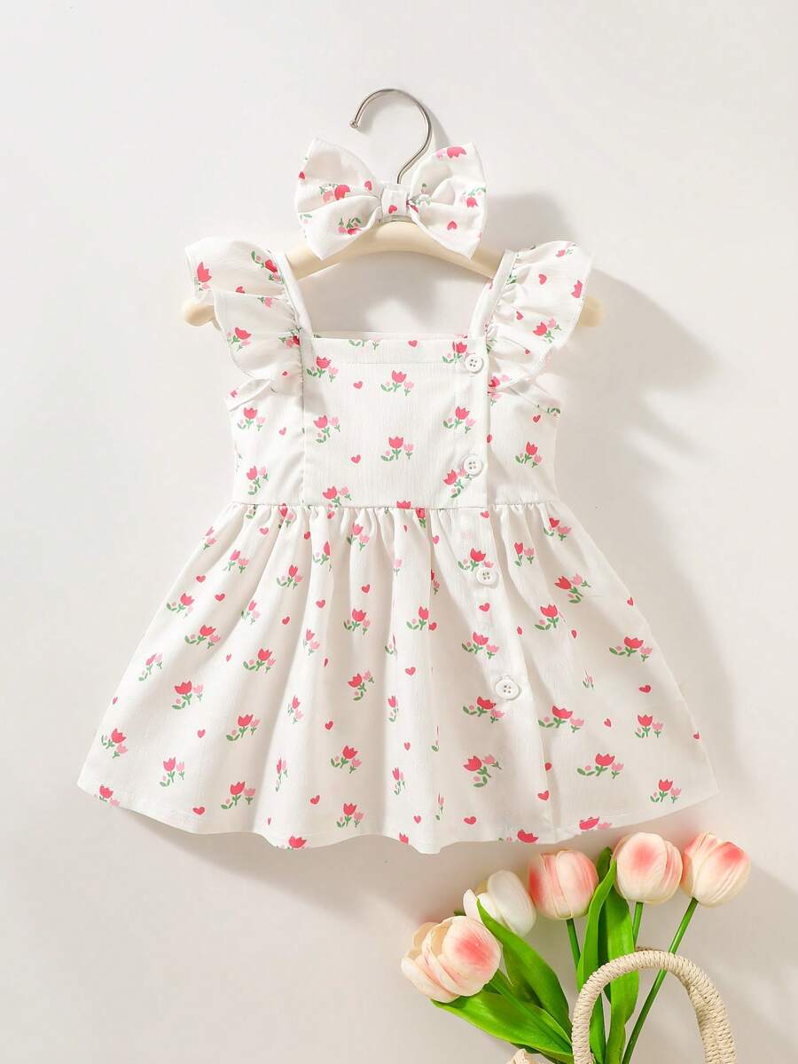 2PCS Baby Watercolor Floral Dress and Hairband Set for Cute Summer Outings