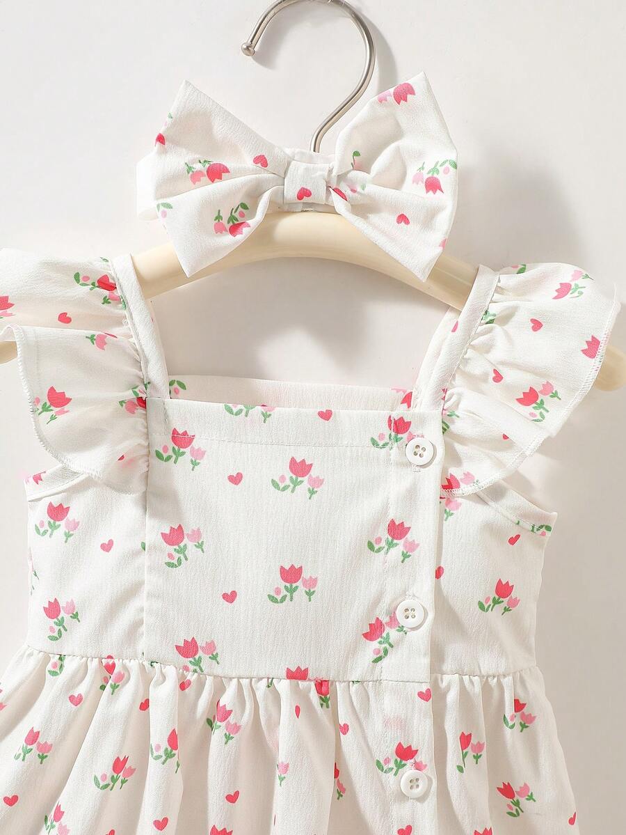 2PCS Baby Watercolor Floral Dress and Hairband Set for Cute Summer Outings