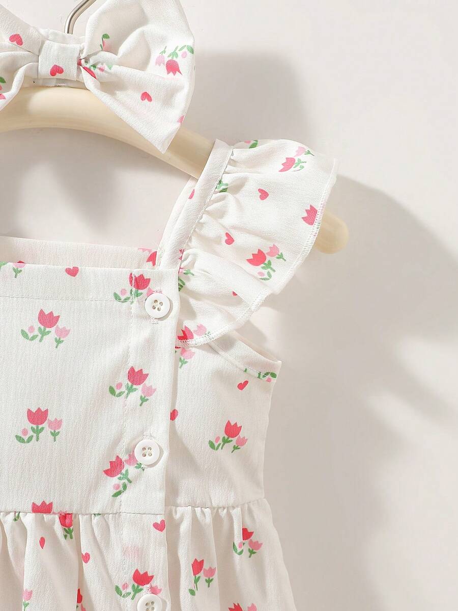 2PCS Baby Watercolor Floral Dress and Hairband Set for Cute Summer Outings