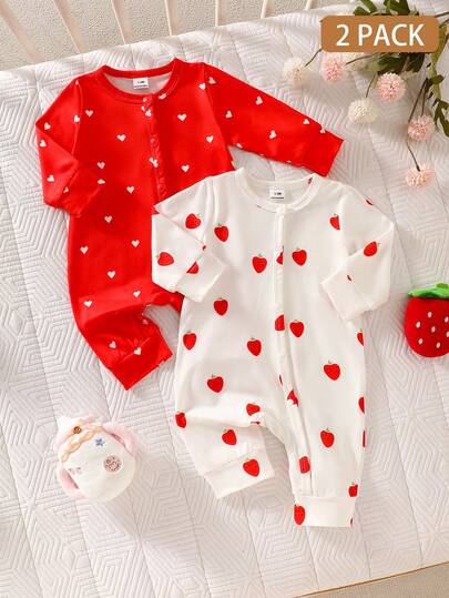2PCS Baby Strawberry Print Long Sleeve Romper Set for Spring and Autumn Wear