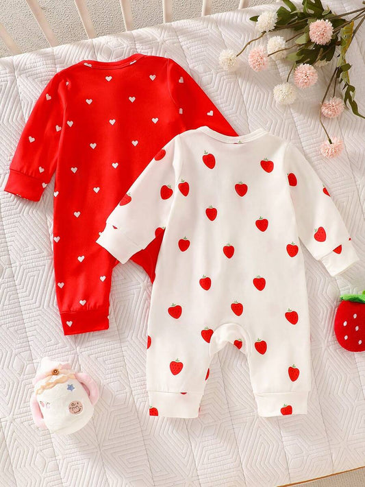 2PCS Baby Strawberry Print Long Sleeve Romper Set for Spring and Autumn Wear