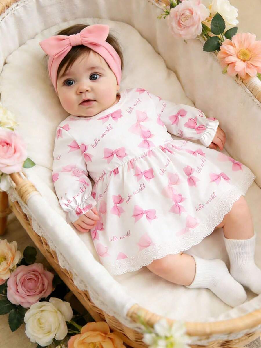 Baby Pink Heart Knit Dress with 3D Bow for Cute Daily and Outdoor Wear