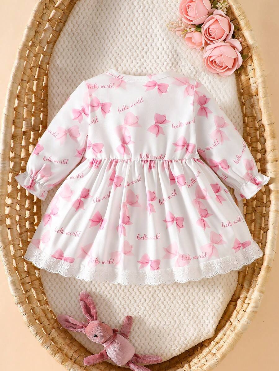 Baby Pink Heart Knit Dress with 3D Bow for Cute Daily and Outdoor Wear