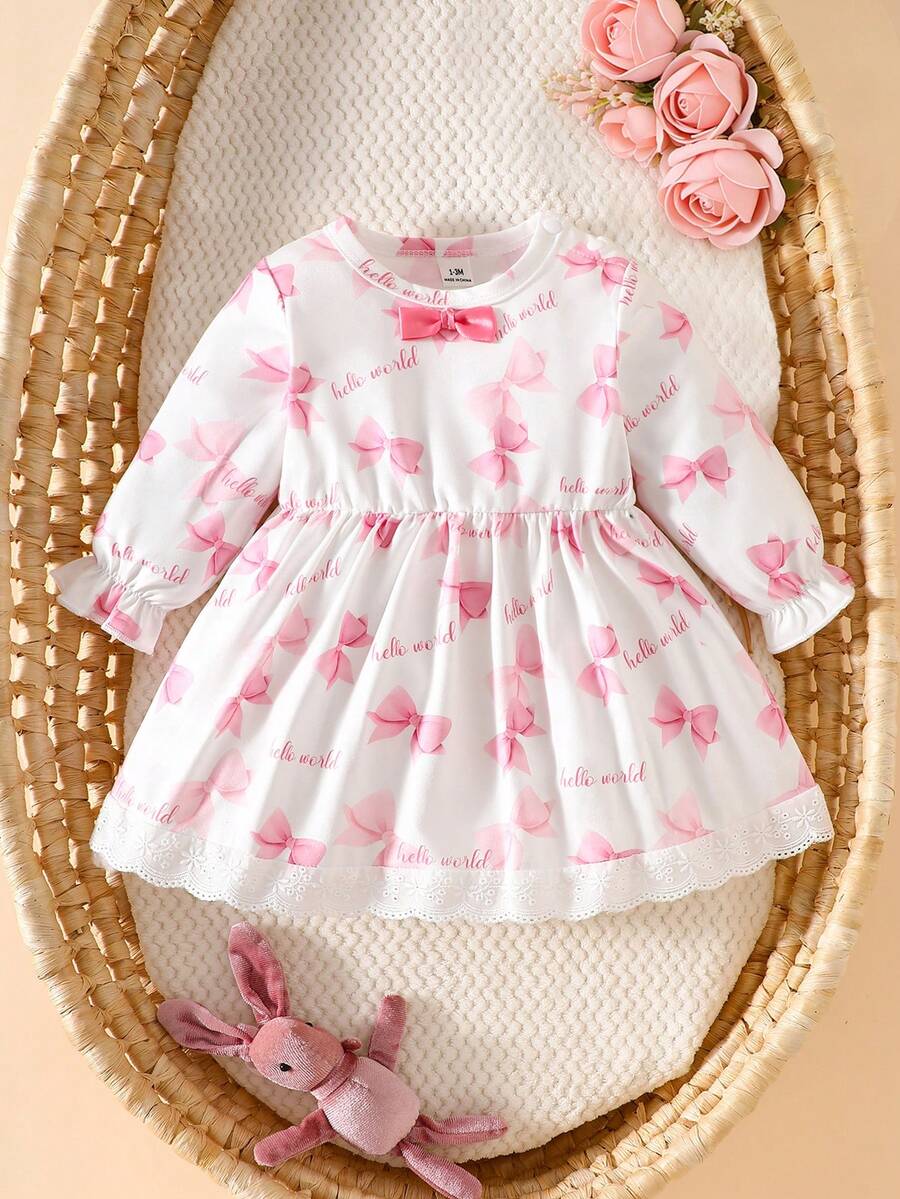 Baby Pink Heart Knit Dress with 3D Bow for Cute Daily and Outdoor Wear