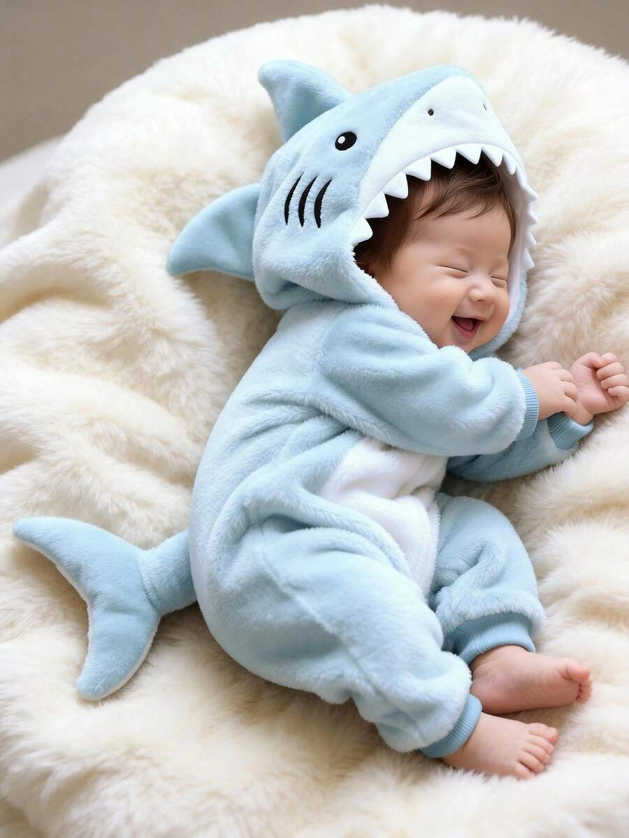 Shark Theme Jumpsuit and 3D Hat Outfit Set for Cute Autumn Daily Wear