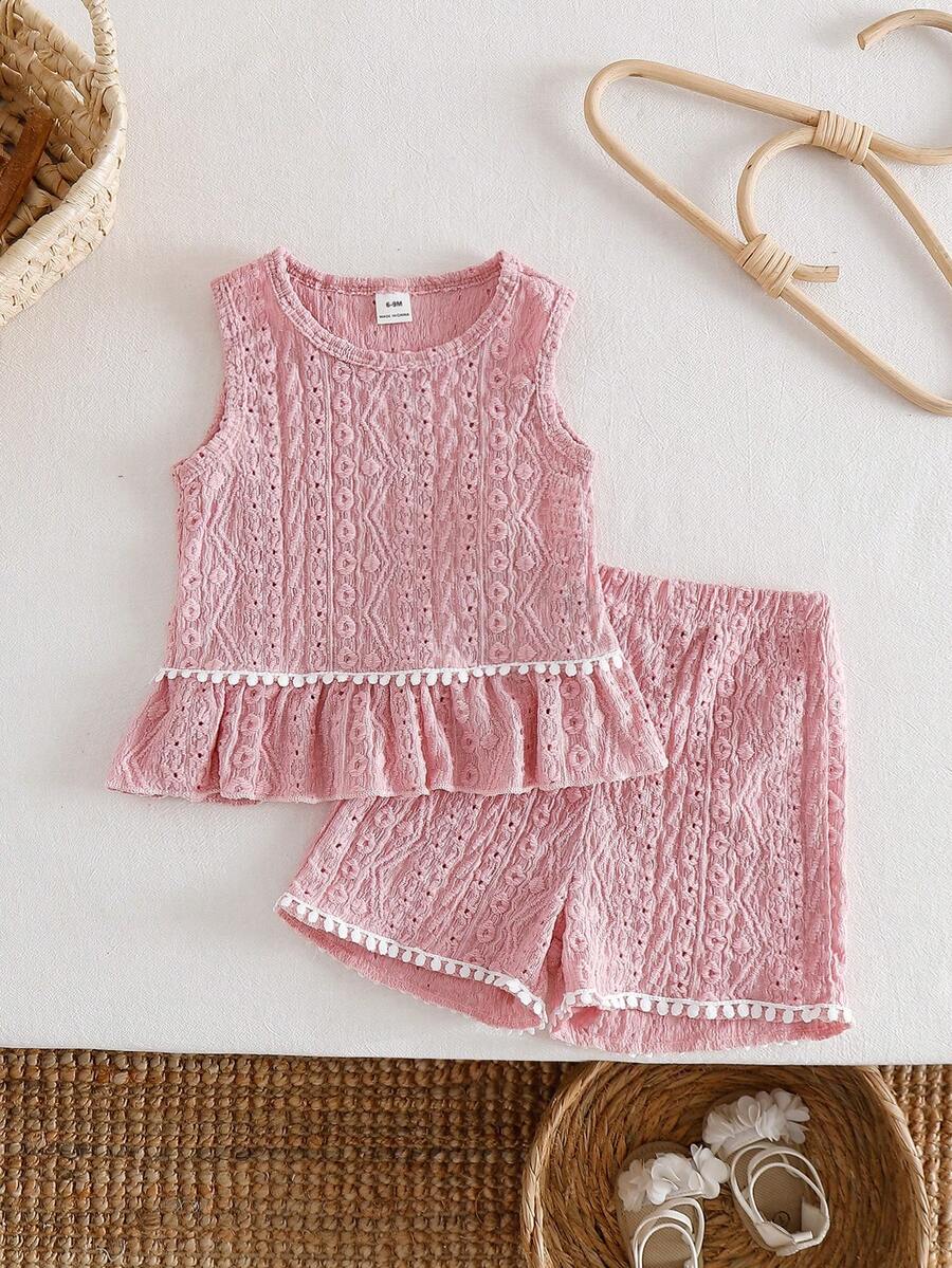 Two Piece Summer Clothing Set For Kids Girls Floral Knit Top And Shorts