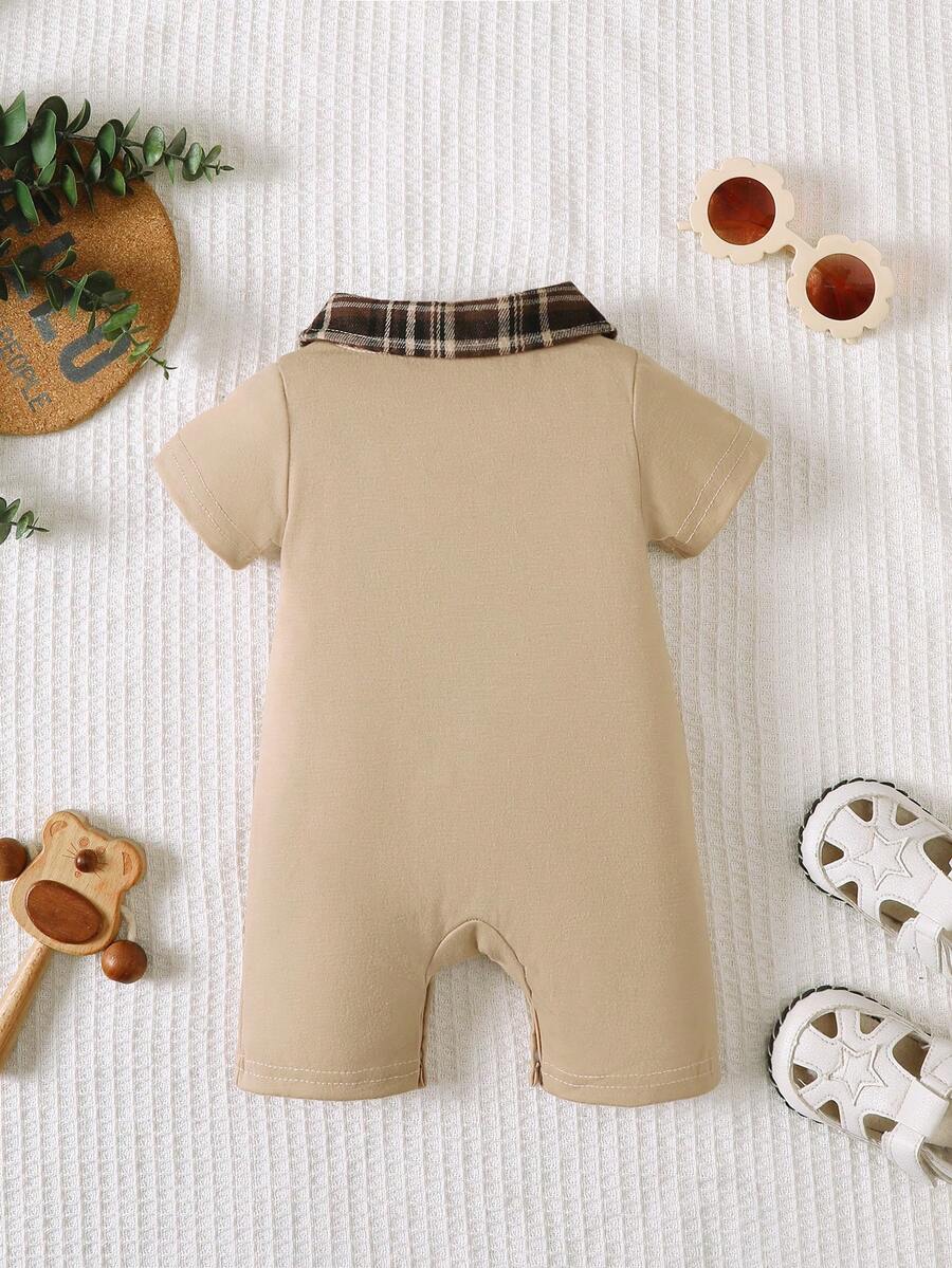 Newborn Baby Boy Plaid Texture Polo Short Sleeve Jumpsuit Casual Summer Outfit for Daily Wear