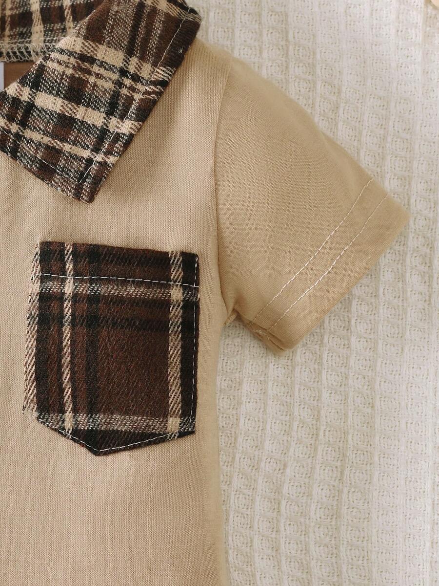 Newborn Baby Boy Plaid Texture Polo Short Sleeve Jumpsuit Casual Summer Outfit for Daily Wear