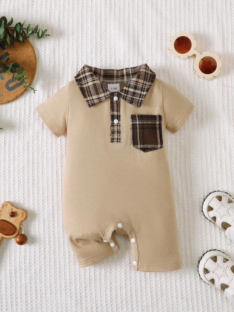 Newborn Baby Boy Plaid Texture Polo Short Sleeve Jumpsuit Casual Summer Outfit for Daily Wear