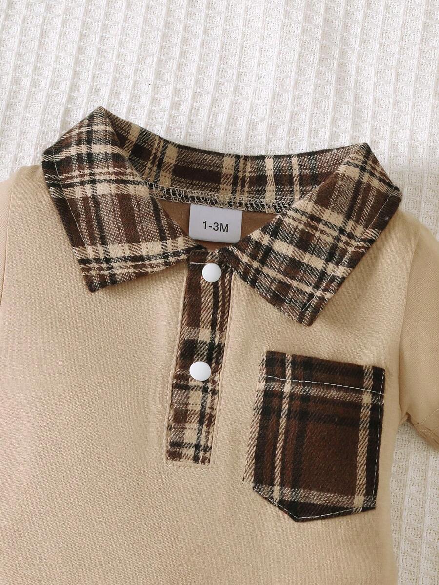 Newborn Baby Boy Plaid Texture Polo Short Sleeve Jumpsuit Casual Summer Outfit for Daily Wear