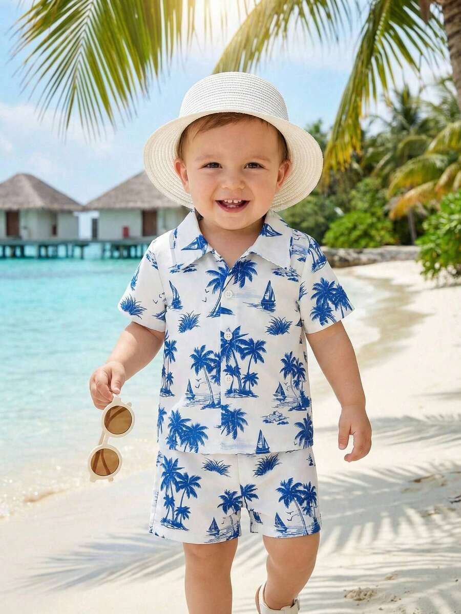 2pcs/Set Baby Boy Tropical Plant Pattern Vacation Outfit (6M-3T)