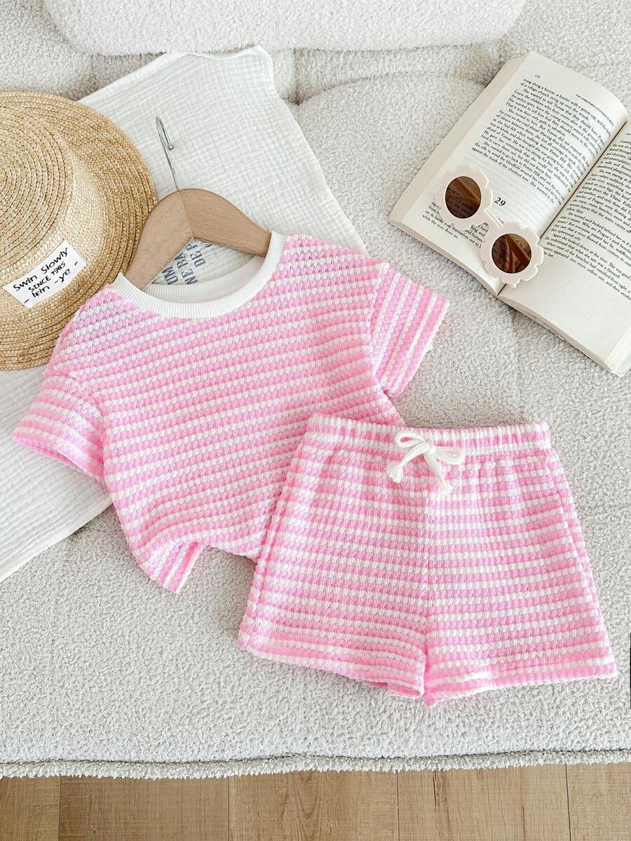 Rainbow Top And Elastic Waist Shorts Set For Toddler Girls Casual Wear
