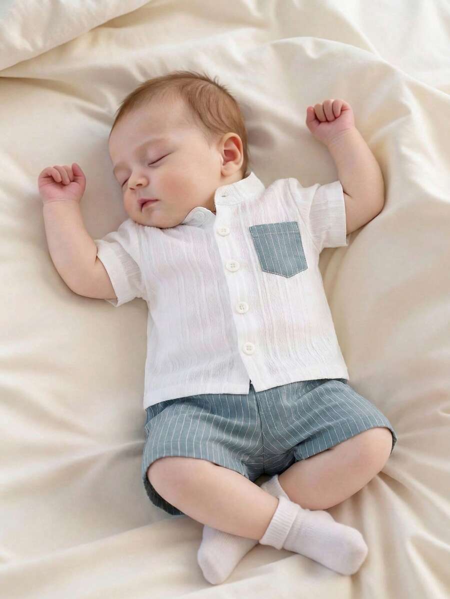 2PCS Baby Boy Gentleman Style Shirt and Shorts Set for Stylish Summer Daily Wear
