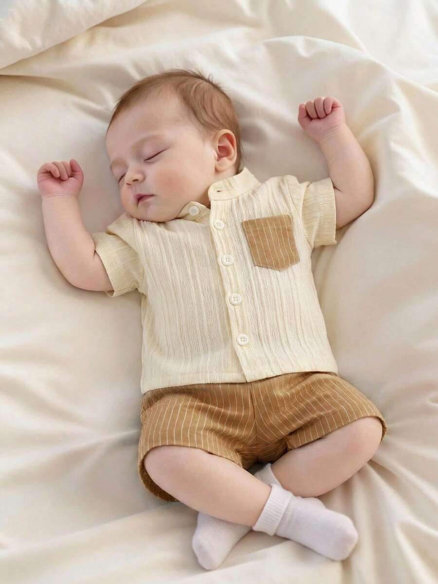 2PCS Baby Boy Gentleman Style Shirt and Shorts Set for Stylish Summer Daily Wear