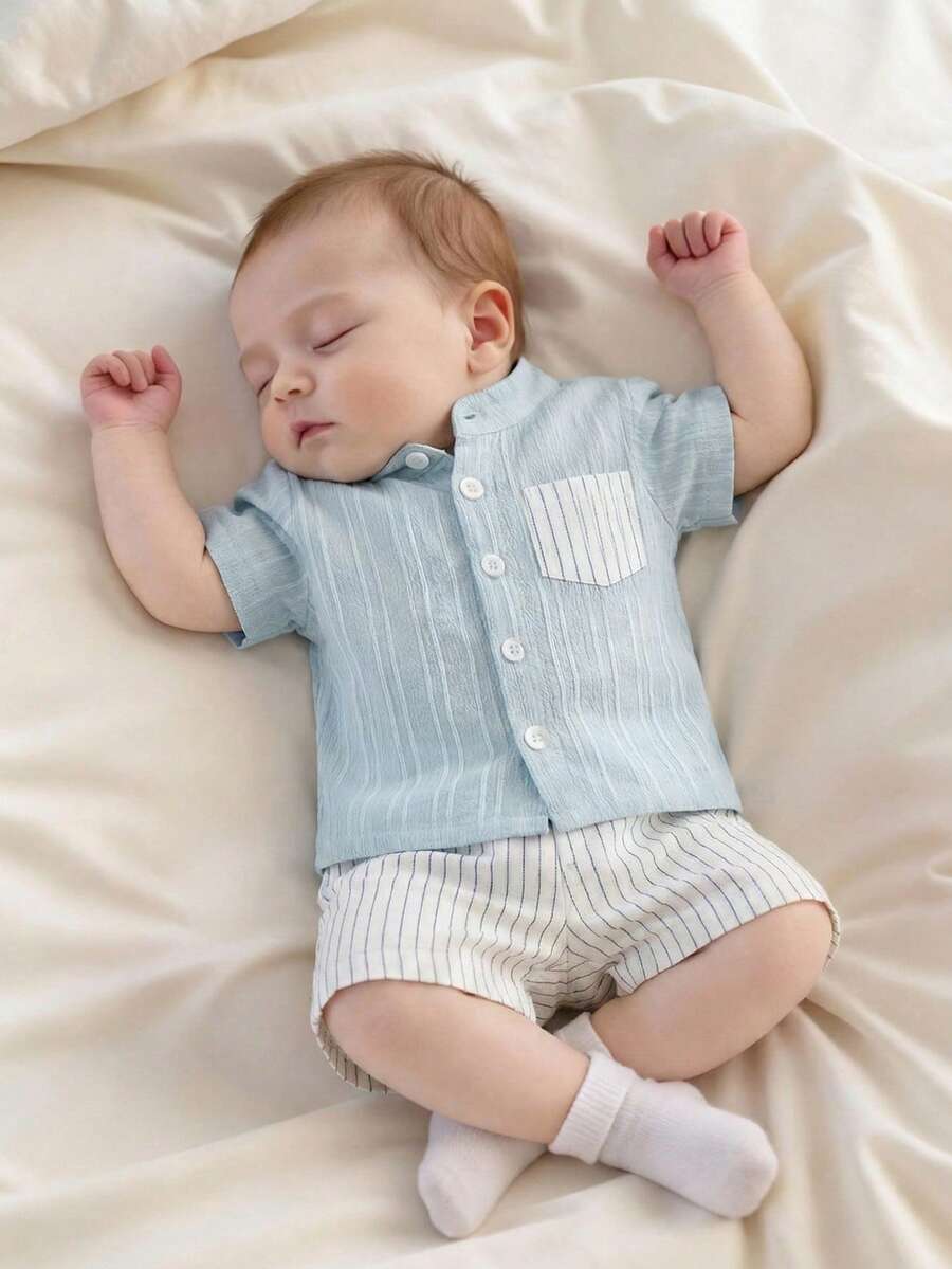 2PCS Baby Boy Gentleman Style Shirt and Shorts Set for Stylish Summer Daily Wear