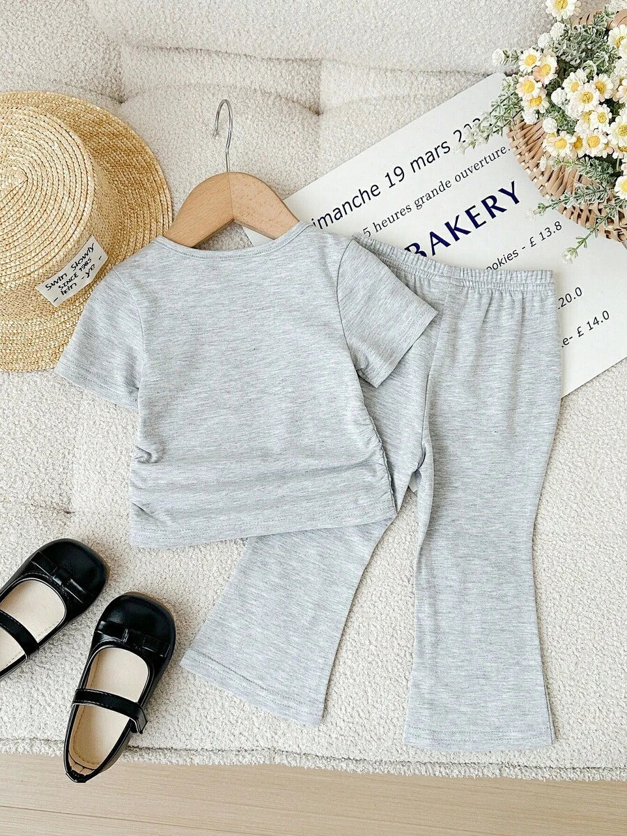 Spring Summer Flare Pants Outfit For Little Girls With Bow Print Design