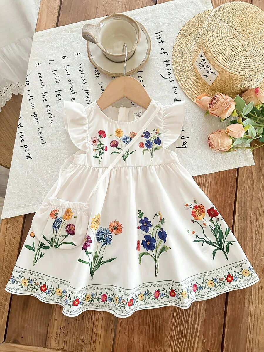 Infant Girl 2-Piece Embroidered Dress Set with Diagonal Shoulder Bag