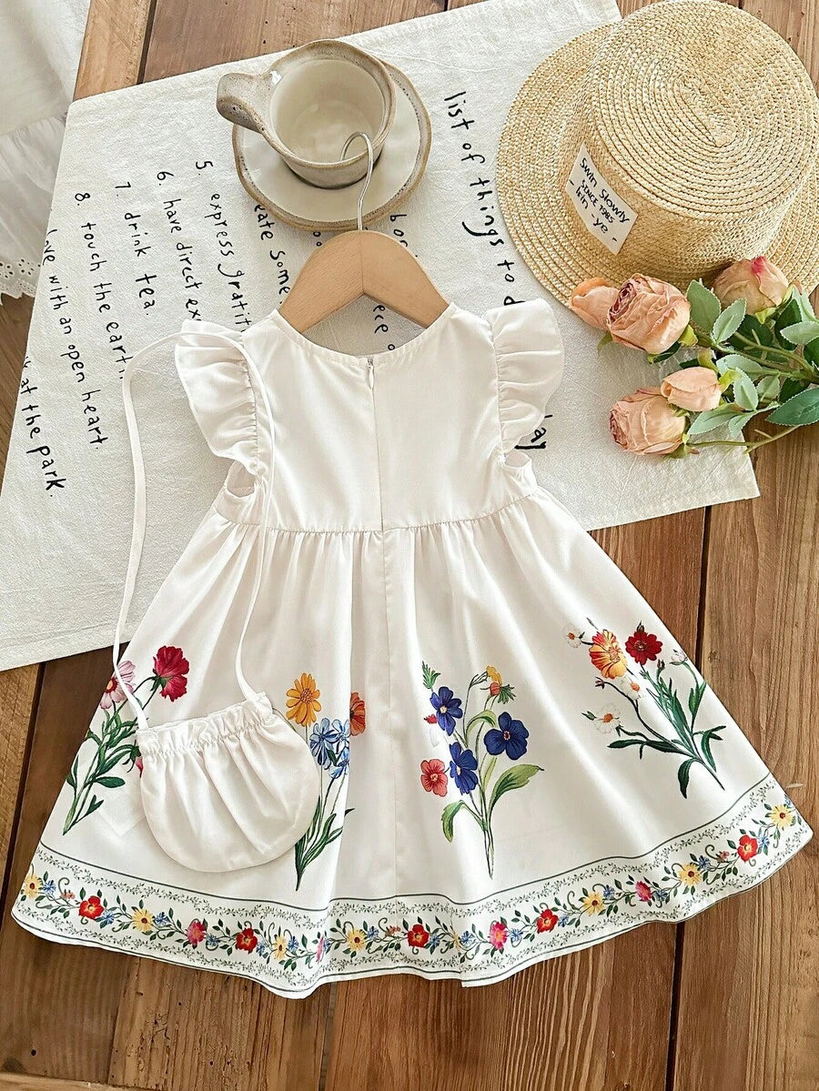 Infant Girl 2-Piece Embroidered Dress Set with Diagonal Shoulder Bag