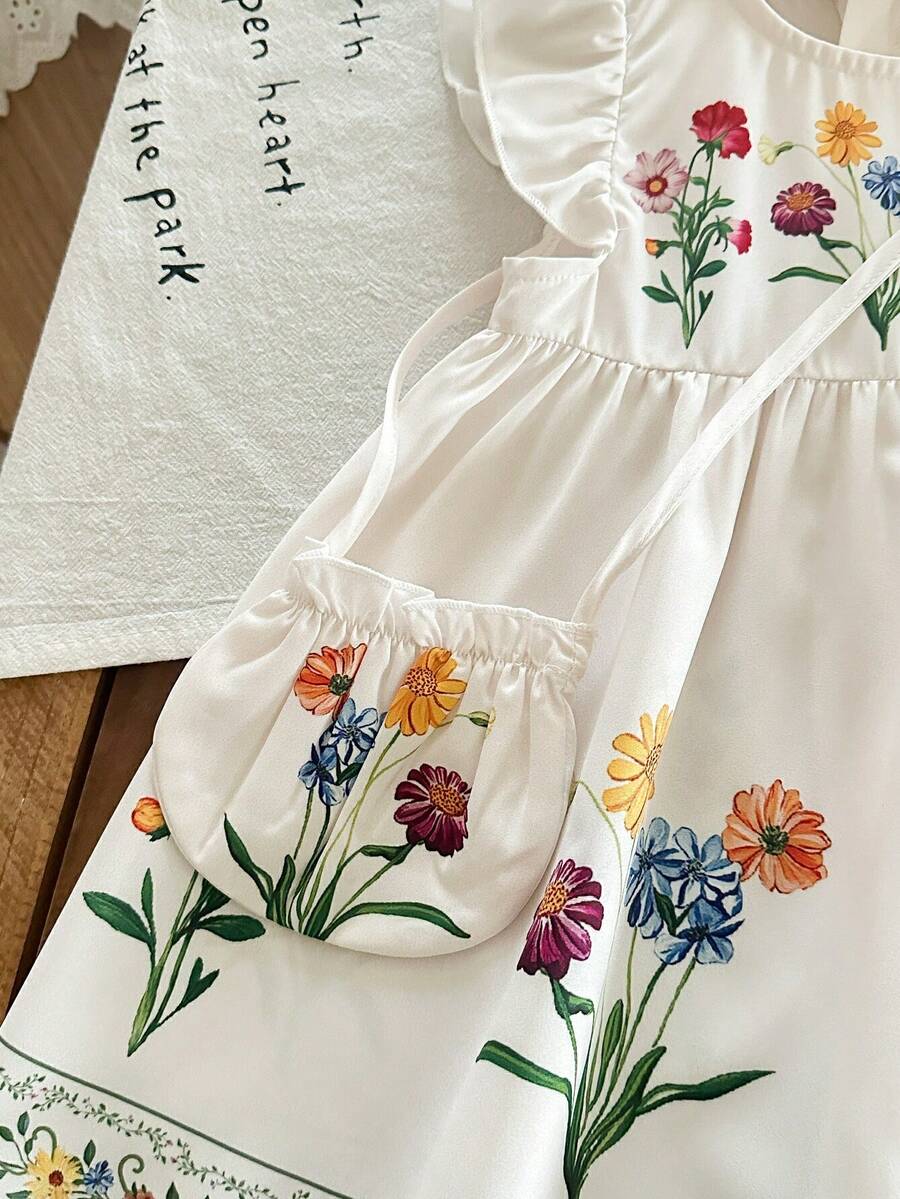 Infant Girl 2-Piece Embroidered Dress Set with Diagonal Shoulder Bag